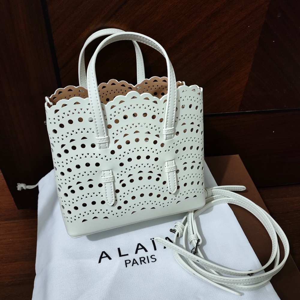 Alaia White Laser-Cut Scalloped Tote with Detachable Strap